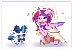 Size: 3200x2200 | Tagged: safe, artist:kindny-chan, princess cadance, shining armor, alicorn, pony, unicorn, g4, bowtie, chibi, clothes, dress, horn, meme, size difference, the bride and the ugly ass groom, toy interpretation, wedding dress