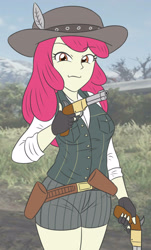 Size: 2073x3425 | Tagged: safe, artist:sumin6301, apple bloom, human, equestria girls, g4, 2d, buttons, clothes, colt, cowboy hat, cowgirl, cowgirl outfit, feather, female, foal, hat, holster, legs, looking at you, mountain, outdoors, pockets, shirt, shorts, sky, smiling, smiling at you, solo, stetson, thighs, tree, vest, weapon