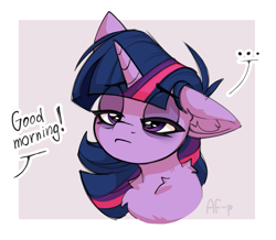 Size: 1157x1010 | Tagged: safe, artist:airfly-pony, twilight sparkle, pony, unicorn, g4, ..., 2024, bags under eyes, bust, chest fluff, ear fluff, eyeshadow, horn, looking up, makeup, morning ponies, one ear down, portrait, simple background, sketch, sleepy, solo, unicorn twilight