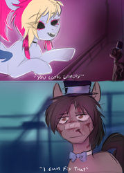 Size: 600x838 | Tagged: safe, artist:b(r)at, oc, oc:batty bliss, bat pony, earth pony, pony, blade runner, blade runner 2049, blood, injured, meme, you look lonely