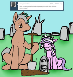 Size: 867x910 | Tagged: safe, artist:asuraludu, diamond tiara, oc, oc:meadowshrine, earth pony, fish, goldfish, pony, unicorn, ask, crying, grave, gravestone, graveyard, horn, shovel, sitting