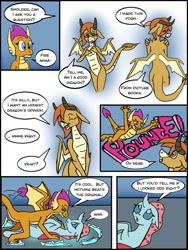 Size: 961x1280 | Tagged: safe, artist:asuraludu, ocellus, smolder, changedling, changeling, dragon, g4, changeling x dragon, comic, dialogue, disguise, disguised changeling, dragon ocellus, dragoness, female, interspecies, lesbian, old art, pounce, ship:smolcellus, shipping, speech bubble, want