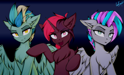 Size: 2754x1660 | Tagged: safe, alternate version, artist:cmdrtempest, oc, oc only, oc:aulax, oc:vapourwave, pegasus, pony, unicorn, female, horn, looking at you, mare, open mouth, simple background, smiling, wings