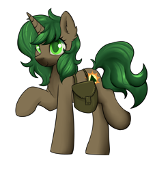 Size: 3000x3300 | Tagged: safe, artist:dumbwoofer, oc, oc:pine shine, pony, unicorn, bag, chest fluff, ear fluff, female, horn, mare, raised hoof, saddle bag, simple background, smiling, solo, transparent background