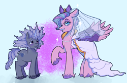 Size: 1888x1243 | Tagged: source needed, safe, artist:kreeeeeez, alphabittle blossomforth, queen haven, pegasus, pony, unicorn, g5, concave belly, eyebrows, eyelashes, eyeshadow, female, height difference, horn, lacrimal caruncle, lidded eyes, makeup, male, mare, meme, physique difference, ship:alphahaven, shipping, size difference, slender, stallion, straight, the bride and the ugly ass groom, thin, unshorn fetlocks