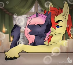 Size: 1170x1043 | Tagged: safe, artist:vixen_mistress, derpibooru exclusive, oc, oc:artsypaws, oc:jay mihay, pegasus, pony, unicorn, g4, bath, bathtub, bubble, candle, closed mouth, commission, curved horn, cute, female, grin, happy, hooves, horn, male, mare, monochrome, oc x oc, open mouth, photo, raised hoof, relationship, relaxed, relaxing, romance, romantic, shipping, smiling, snoot, stallion, teeth, tongue out