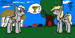 Size: 1311x672 | Tagged: safe, artist:damset, derpy hooves, oc, oc:badluck dice, pegasus, unicorn, d100, female, holy grail, horn, loading, ms paint, pixel art, ponyville, prpg