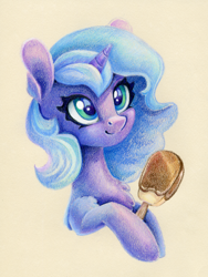Size: 904x1200 | Tagged: safe, artist:maytee, princess luna, alicorn, pony, g4, bust, chest fluff, cute, female, filly, food, ice cream, leg hold, portrait, s1 luna, simple background, solo, traditional art, younger
