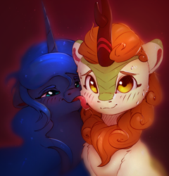 Size: 1506x1570 | Tagged: safe, artist:itssim, autumn blaze, princess luna, alicorn, kirin, pony, g4, awwtumn blaze, blushing, cute, duo, duo female, eyebrows, female, floppy ears, horn, kirinbetes, lesbian, licking, lidded eyes, looking at you, lunabetes, mare, shipping, smiling, smiling at you, tongue out