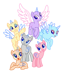 Size: 1041x1211 | Tagged: safe, artist:dazzle, g4, base, female, flying, grin, group, horn, mare, ms paint base, ms paint friendly, open mouth, open smile, simple background, smiling, transparent background, wings