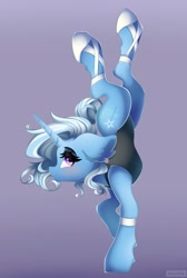 Size: 1719x2560 | Tagged: safe, artist:natanvok, trixie, pony, unicorn, g4, ballet slippers, clothes, ear fluff, eyebrows, female, gradient background, handstand, high res, horn, leotard, mare, profile, solo, standing, standing on one leg, upside down