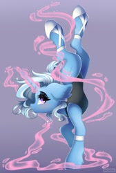 Size: 1719x2560 | Tagged: safe, alternate version, artist:natanvok, trixie, pony, unicorn, g4, ballet slippers, clothes, ear fluff, eyebrows, female, glowing, glowing horn, gradient background, handstand, high res, horn, leotard, magic, magic aura, mare, profile, solo, standing, standing on one leg, upside down