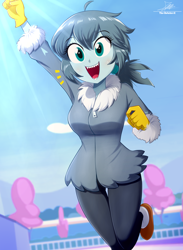 Size: 1634x2234 | Tagged: safe, artist:the-butch-x, gabby, human, equestria girls, g4, clothes, cute, equestria girls-ified, gabbybetes, gloves, hoodie, open mouth, open smile, sharp teeth, smiling, solo, teeth