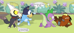 Size: 1322x604 | Tagged: safe, artist:porygon2z, spike, beaver, dog, dragon, titan, g4, angry beavers, australian cattle dog, bluey, bluey heeler, broken horn, butt, collar, crossover, daggett doofus beaver, dialogue, feet, feet sniffing, female, horn, king clawthorne, male, pet collar, sniffing, the owl house, wingless spike