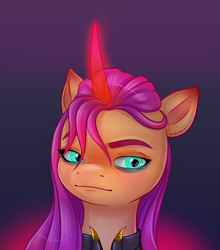 Size: 4788x5433 | Tagged: safe, artist:mrricharz, sunny starscout, alicorn, pony, g5, absurd resolution, alternate hairstyle, alternate universe, artificial horn, aside glance, au:reign of fire, augmented, bust, digital art, evil, female, gradient background, horn, looking at you, magic, magic horn, mare, portrait, solo, three quarter view
