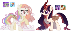 Size: 5656x2518 | Tagged: safe, artist:posey-11, autumn blaze, fluttershy, rainbow dash, twilight sparkle, oc, oc only, alicorn, bat pony, hybrid, kirin, pony, winged kirin, g4, base used, bat ponified, bat pony oc, closed mouth, cloud mane, cloud tail, cloven hooves, colored hooves, colored wings, duo, duo female, ear tufts, eyelashes, fangs, female, flutterbat, folded wings, gradient mane, gradient tail, hybrid oc, kirin hybrid, magical lesbian spawn, mare, multicolored hair, offspring, open mouth, open smile, parent:autumn blaze, parent:flutterbat, parent:fluttershy, parent:rainbow dash, parent:twilight sparkle, parents:flutterdash, parents:twiblaze, purple eyes, race swap, rainbow hair, raised hoof, red eyes, simple background, smiling, standing, tail, transparent background, twilight sparkle (alicorn), wings