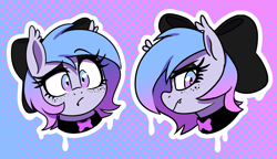 Size: 1618x931 | Tagged: safe, artist:thebatfang, oc, oc only, oc:lucky roll, bat pony, pony, alternate design, alternate hairstyle, bow, bust, emo, female, freckles, frown, gradient background, hair bow, halftone effect, makeup, mare, portrait, solo