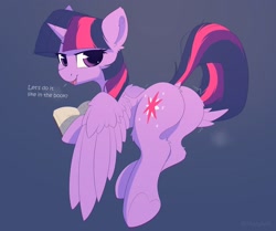 Size: 3000x2504 | Tagged: safe, artist:anti1mozg, twilight sparkle, alicorn, pony, g4, book, butt, butt shake, dock, ear fluff, female, high res, hoof heart, horn, implied sex, leg fluff, looking at you, looking back, looking back at you, mare, open mouth, open smile, plot, presenting, rear view, smiling, smiling at you, solo, spread wings, tail, twibutt, twilight sparkle (alicorn), underhoof, wings