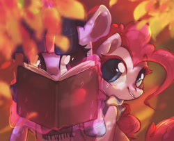 Size: 1301x1056 | Tagged: safe, artist:angrygem, pinkie pie, twilight sparkle, earth pony, pony, unicorn, g4, autumn, book, clothes, cute, dappled sunlight, diapinkes, duo, duo female, eye contact, female, glowing, glowing horn, horn, leaf, levitation, looking at each other, looking at someone, magic, magic aura, mare, scarf, smiling, striped scarf, telekinesis, twiabetes