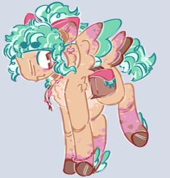 Size: 1295x1355 | Tagged: safe, artist:tottallytoby, oc, oc only, oc:boba bubbles, pegasus, ambiguous gender, bag, beanbrows, blue background, blue mane, blue tail, bow, bracelet, brown eyes, chest fluff, coat markings, colored belly, colored eartips, colored fetlocks, colored hooves, colored wings, curly mane, curly tail, ear piercing, earring, eye clipping through hair, eyebrows, eyebrows visible through hair, facial markings, fetlock tuft, four wings, hair bow, jewelry, leg fluff, looking back, multiple wings, necklace, orange coat, pale belly, pegasus oc, piercing, ponytail, raised hoof, saddle bag, simple background, small wings, socks (coat markings), solo, splotches, spread wings, standing, tail, two toned mane, two toned tail, two toned wings, wavy mouth, wingding eyes, wings