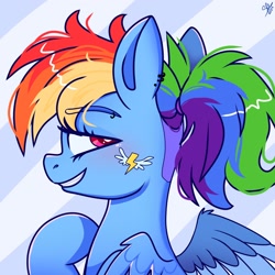 Size: 2000x2000 | Tagged: safe, artist:galaxy swirl, rainbow dash, pegasus, pony, g4, alternate hairstyle, bust, ear piercing, female, high res, hoof on chest, looking at you, mare, piercing, ponytail, smiling, solo, wings, wonderbolts logo