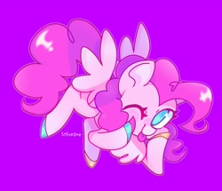 Size: 2489x2141 | Tagged: safe, artist:sillyp0ne, pinkie pie, pegasus, pony, g4, alternate design, blue eyes, blush sticker, blushing, chest fluff, colored hooves, colored muzzle, colored pinnae, curly mane, curly tail, female, flying, hooves, hooves on face, in air, long mane, long tail, looking at you, mare, multicolored hooves, nose blush, one eye closed, pegasus pinkie pie, pink coat, pink mane, pink tail, purple background, race swap, shiny hooves, shiny mane, shiny tail, signature, simple background, smiling, smiling at you, solo, spread wings, tail, tongue out, wingding eyes, wings