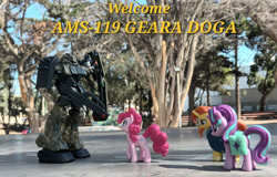 Size: 1119x714 | Tagged: safe, artist:dingopatagonico, pinkie pie, starlight glimmer, sunburst, earth pony, unicorn, g4, ams-119 geara doga mobile suit, geara doga, gundam, horn, mecha, photo