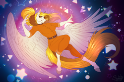 Size: 1600x1060 | Tagged: safe, artist:sunny way, oc, oc:crazy ditty, pegasus, anthro, g4, art, artwork, clothes, commission, confused, cute, digital art, falling, feather, female, finished commission, mare, outfit, overalls, portal, solo, stars, thin, wings