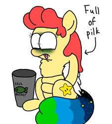 Size: 3023x3351 | Tagged: safe, artist:professorventurer, oc, oc only, oc:power star, pegasus, pony, full of pilk, green face, hooves on belly, imminent vomiting, implied vomit, nausea, nauseous, pilk, queasy, rule 85, simple background, solo, super mario 64, tongue out, white background