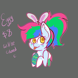 Size: 3000x3000 | Tagged: safe, artist:solardoodles, oc, oc only, oc:funfetti, pegasus, pony, :p, bunny ears, commission, easter, easter egg, egg, gray background, holiday, pegasus oc, ponytail, simple background, solo, tongue out, ych result