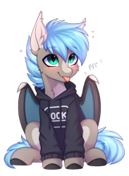 Size: 2880x3935 | Tagged: safe, artist:pesty_skillengton, oc, oc only, oc:white phosphor, bat pony, pony, :p, bat pony oc, clothes, cute, ear fluff, hoodie, simple background, solo, tongue out, transparent background, wings