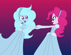 Size: 1280x995 | Tagged: safe, artist:metaengine03, artist:vivithefolle, pinkie pie, oc, oc:jemimasparkle, human, equestria girls, g4, canon x oc, choker, cinderella, clothes, dancing, dress, evening gloves, female, gloves, gown, gradient background, headband, holding hands, lesbian, long gloves, looking at each other, looking at someone, open mouth, open smile, poofy shoulders, smiling, smiling at each other, waltz