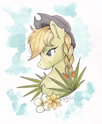 Size: 3385x4101 | Tagged: safe, artist:lightisanasshole, oc, oc only, oc:palmetto pret, earth pony, pony, braid, bust, cowboy hat, flower, hat, leaf, solo, traditional art, watercolor painting