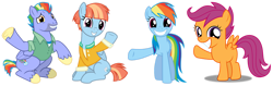 Size: 1280x402 | Tagged: safe, alternate version, artist:cloudy glow, artist:dashiesparkle, artist:tomfraggle, artist:twilyisbestpone, bow hothoof, rainbow dash, scootaloo, windy whistles, pegasus, pony, g4, adopted, adopted daughter, adopted offspring, alternate, big grin, bowabetes, clothes, cute, cutealoo, dashabetes, family, father and child, father and daughter, female, filly, foal, grin, jacket, male, mare, mother and child, mother and daughter, scootadoption, scootalove, siblings, simple background, sisters, sitting, smiling, spread wings, stallion, transparent background, waving, waving at you, windybetes, wings
