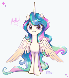 Size: 2663x3000 | Tagged: safe, artist:askometa, princess celestia, alicorn, pony, g4, alternate design, colored wings, cute, eye clipping through hair, eyebrows, eyebrows visible through hair, front view, hello, high res, looking at you, multicolored hair, multicolored mane, multicolored tail, simple background, smiling, smiling at you, solo, spread wings, tail, text, wavy hair, wavy mane, wavy tail, white background, wings, young