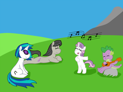 Size: 1000x750 | Tagged: safe, artist:kitsune the fox, dj pon-3, octavia melody, spike, sweetie belle, vinyl scratch, earth pony, unicorn, g4, guitar, horn, musical instrument, singing