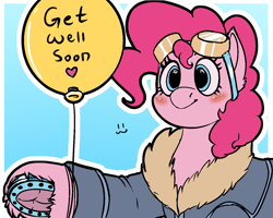 Size: 1280x1024 | Tagged: safe, artist:brainiac, pinkie pie, earth pony, pony, g4, :3, balloon, blushing, bomber jacket, clothes, female, frog (hoof), get well soon, goggles, goggles on head, horseshoes, jacket, mare, smiling, solo, underhoof