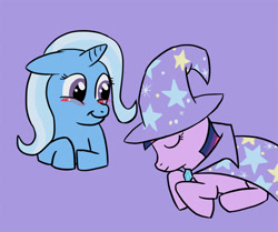 Size: 800x668 | Tagged: safe, artist:smockhobbes, trixie, twilight sparkle, pony, unicorn, g4, accessory swap, blushing, cape, clothes, eyes closed, female, hat, horn, lesbian, looking at someone, purple background, ship:twixie, shipping, simple background, smiling, the great and powerful