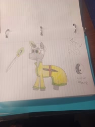 Size: 3000x4000 | Tagged: safe, artist:iconic, oc, oc only, oc:acord, hybrid, pony, unicorn, horn, interspecies offspring, levitation, lined paper, magic, male, offspring, parent:discord, parent:twilight sparkle, parents:discolight, solo, sword, telekinesis, traditional art, weapon