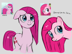 Size: 4096x3072 | Tagged: safe, artist:metaruscarlet, pinkie pie, earth pony, pony, g4, magical mystery cure, season 3, cute, cuteamena, diapinkes, female, gray background, high res, mare, pink pony, pinkamena diane pie, practice drawing, reference, screencap reference, simple background