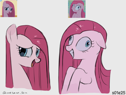 Size: 4096x3072 | Tagged: safe, artist:metaruscarlet, pinkie pie, earth pony, pony, g4, party of one, season 1, cute, cuteamena, diapinkes, female, gray background, high res, mare, open mouth, pinkamena diane pie, practice drawing, reference, screencap reference, simple background, smiling, solo