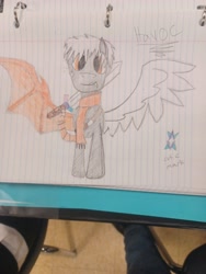 Size: 3000x4000 | Tagged: safe, artist:iconic, oc, oc only, oc:havoc, hybrid, pegasus, pony, clothes, interspecies offspring, lined paper, mismatched wings, offspring, parent:discord, parent:twilight sparkle, parents:discolight, scarf, snaggletooth, sword, traditional art, weapon, wings