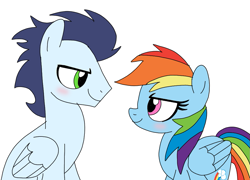 Size: 1001x720 | Tagged: safe, artist:dasher666, rainbow dash, soarin', pegasus, pony, g4, blushing, female, looking at each other, looking at someone, male, mare, ship:soarindash, shipping, simple background, smiling, smiling at each other, stallion, straight, white background