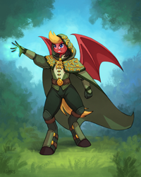 Size: 2800x3500 | Tagged: safe, artist:asimos, oc, oc only, oc:stygian spell, bat pony, anthro, unguligrade anthro, anthro oc, bat pony oc, bat wings, cape, clothes, fantasy, forest, glasses, high res, hood, mage, magic, male, nature, signature, solo, spread wings, tree, wings