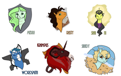 Size: 1237x777 | Tagged: safe, artist:seawitchsteph, oc, oc only, oc:krampus, oc:merriweather, oc:rusty nail, oc:sandy shores, oc:shai ni, oc:wordsmith, pony, unicorn, female, horn, male, mare, simple background, stallion, white background