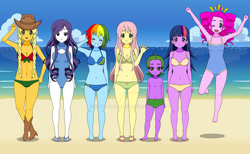 Size: 1024x632 | Tagged: safe, artist:evey-chan, applejack, fluttershy, pinkie pie, rainbow dash, rarity, spike, twilight sparkle, human, equestria girls, g4, beach, belly button, bikini, blushing, boots, breasts, cleavage, clothes, cowboy boots, cowboy hat, deviantart watermark, emanata, female, hat, high heel boots, human spike, humane five, humane six, kisekae, looking at you, male, obtrusive watermark, ocean, one eye closed, one-piece swimsuit, sand, sandals, shoes, swimsuit, water, watermark, waving, waving at you, wink
