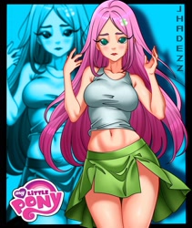 Size: 1400x1660 | Tagged: safe, artist:mrjhadezz, fluttershy, human, g4, alternate hairstyle, belly button, blushing, breasts, busty fluttershy, clothes, female, humanized, midriff, shirt, shoes, skirt, solo, tank top