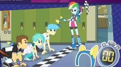 Size: 1137x631 | Tagged: safe, bright idea, rainbow dash, teddy t. touchdown, tennis match, human, equestria girls, equestria girls (app), g4, boots, checkered flag, clothes, female, high heel boots, jacket, lockers, male, official app, race, shirt, shoes, skirt, socks, start line, vest