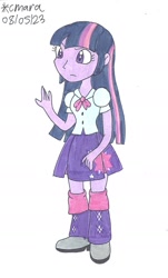 Size: 999x1654 | Tagged: safe, artist:cmara, twilight sparkle, human, equestria girls, g4, 2023, arms, blouse, bowtie, clothes, eyebrows, female, leg warmers, legs, long hair, puffy sleeves, raised eyebrow, simple background, skirt, solo, teenager, white background