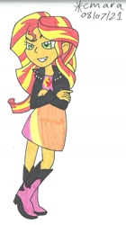 Size: 871x1556 | Tagged: safe, artist:cmara, sunset shimmer, human, equestria girls, g4, arms, boots, clothes, crossed arms, crossed legs, female, high heel boots, leather jacket, legs, long hair, raised hoof, simple background, skirt, smiling, smirk, solo, teenager, teeth, top, white background